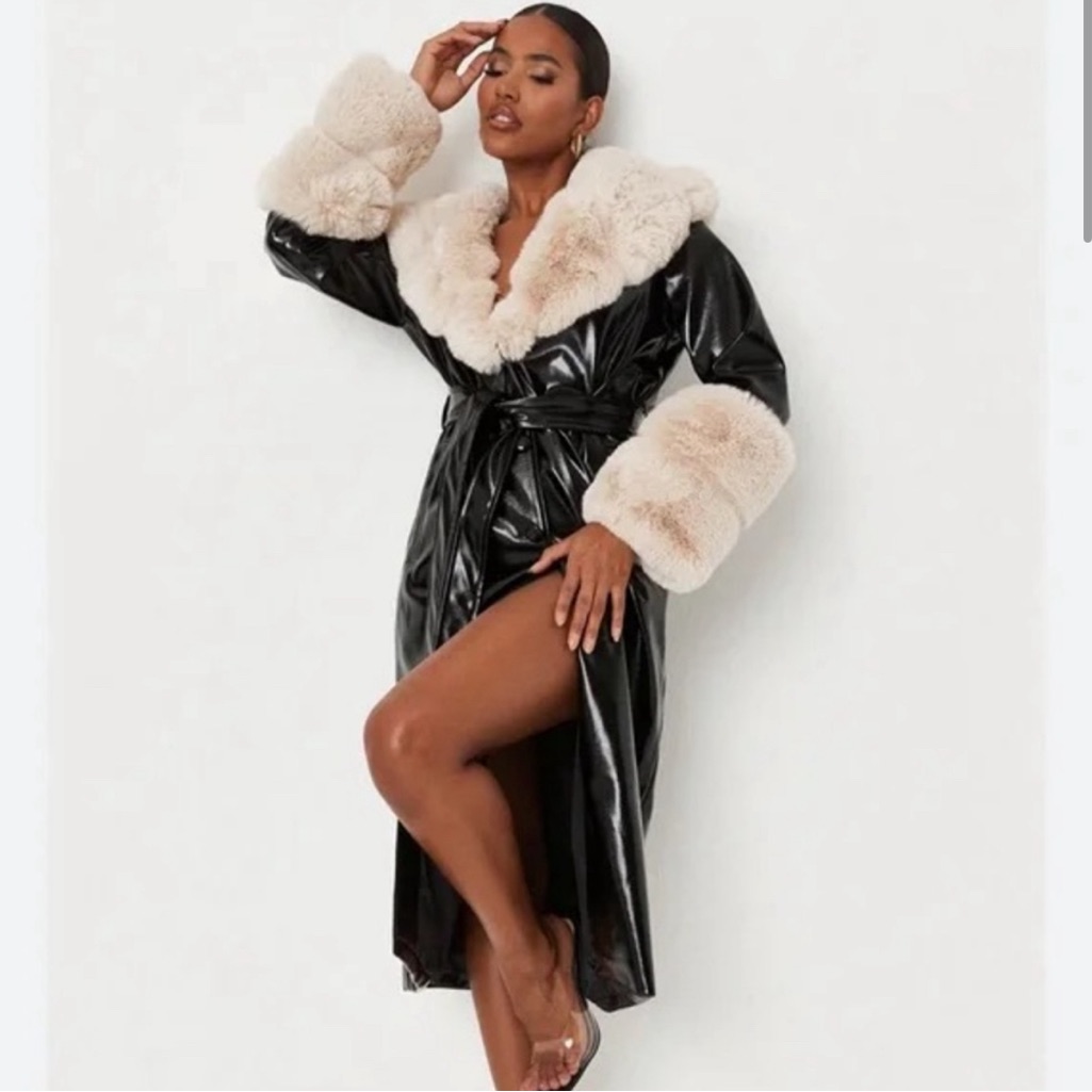 Carli Bybel X Missguided Black Faux Fur Trim Faux Leather Belted Trench Coat